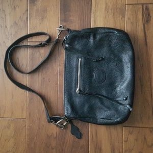 Roots Black Leather Large Crossbody Bag with Silver Details